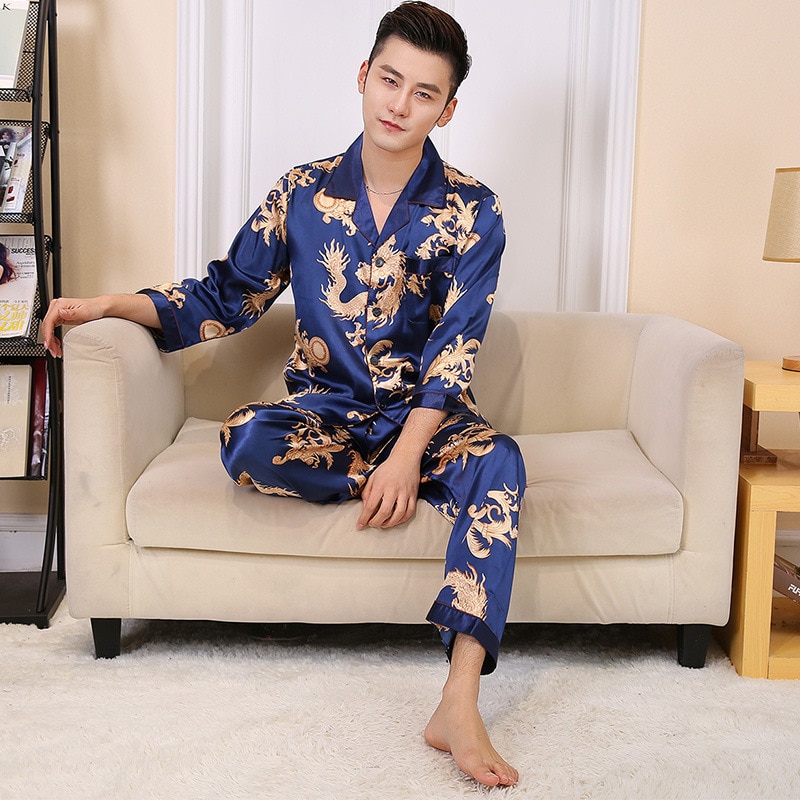 Men 2PCS Long Sleeve Shirt&amp;Pant Pajamas Rayon Casual Sleepwear Chinese Style Print Dragon Pyjamas Set Bathrobe L XL XXL