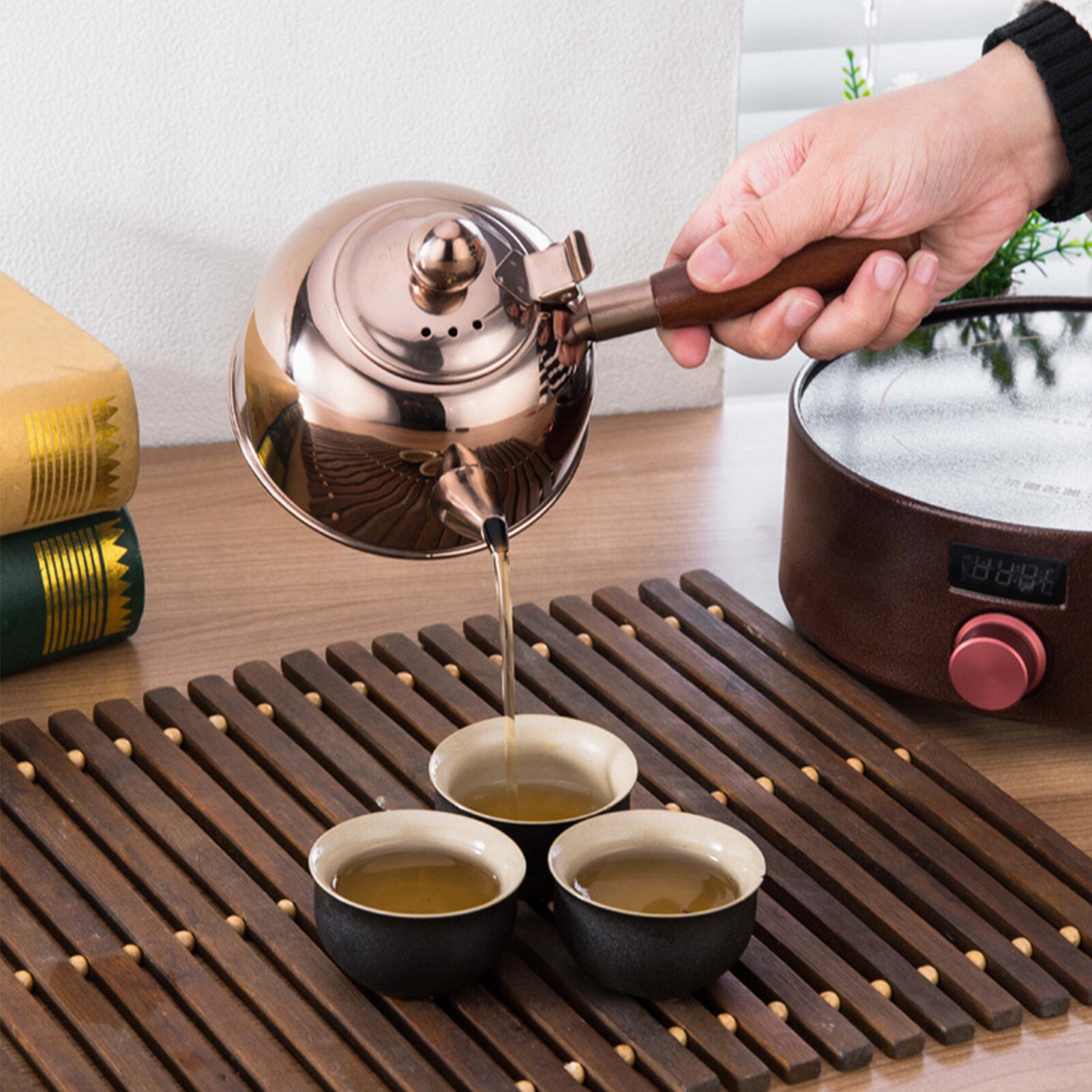 Tetera de té de acero inoxidable con mango de madera, tetera de té y café de Gongfu para todas las estufas, hervidora de agua hervida
