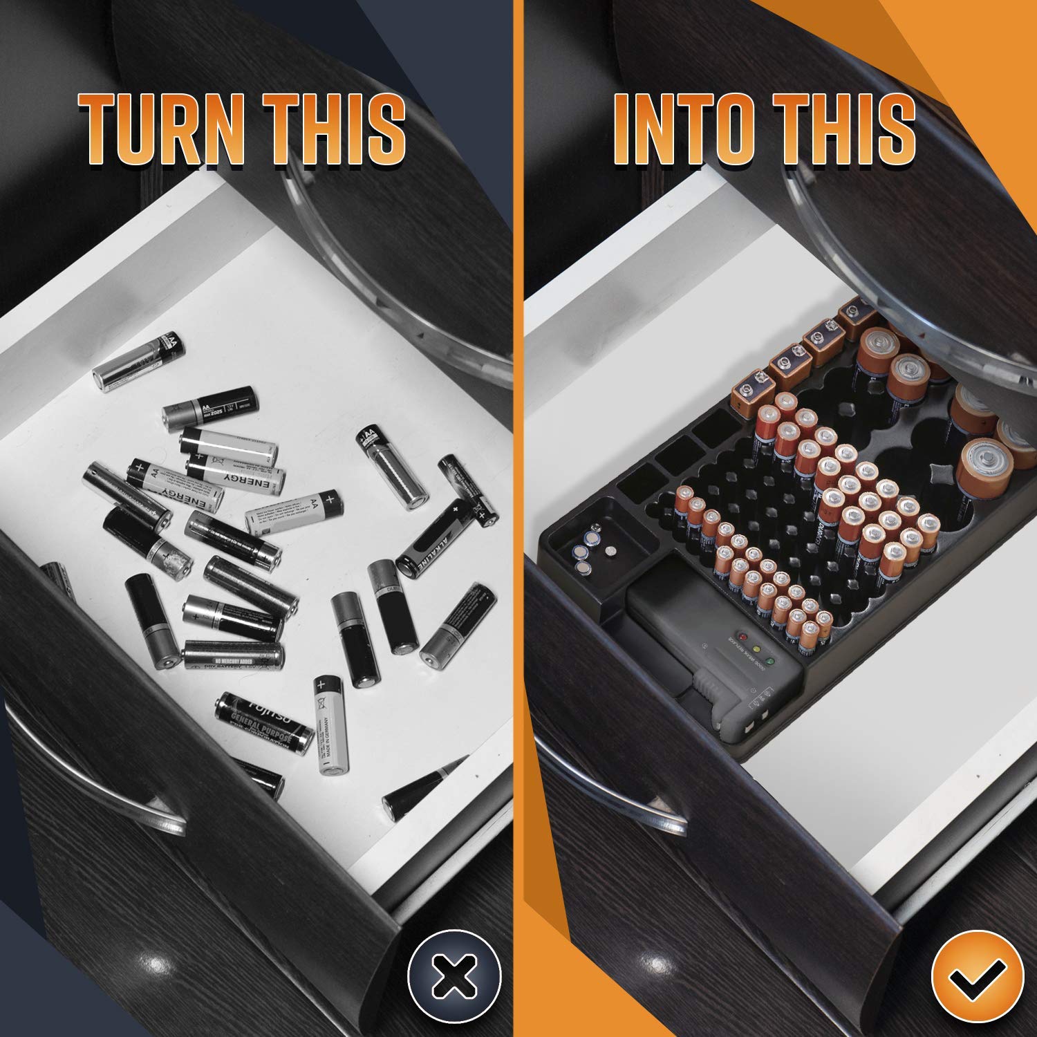 Battery Storage Organizer Holder w/Tester Battery Caddy Rack Case Box Holders Including Battery Checker For AAA AA C D