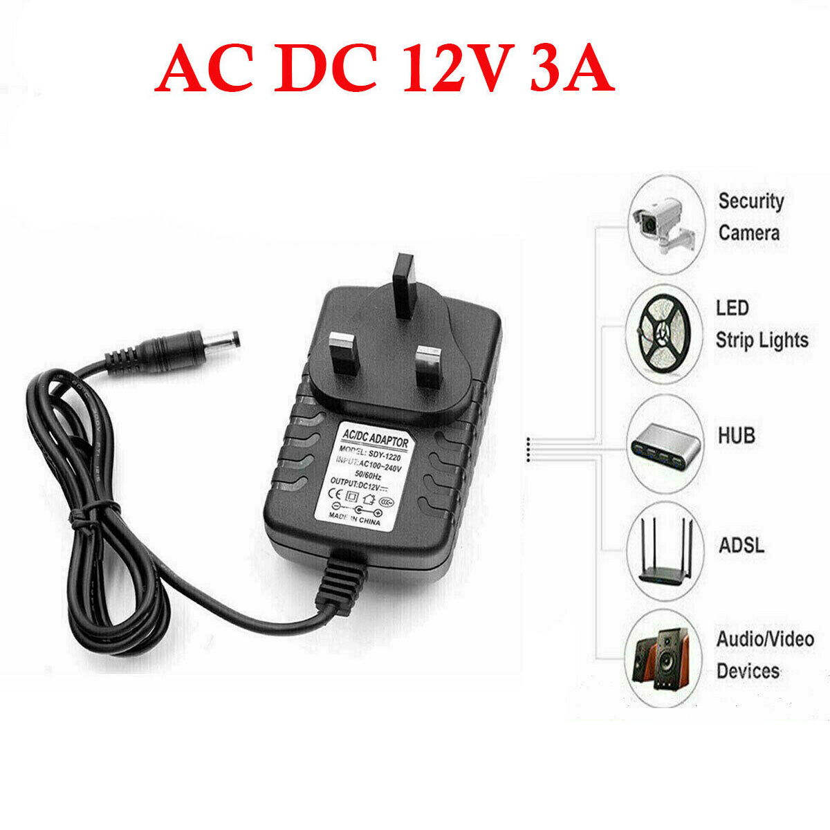 Ac Dc 12V 3A Voeding Adapter Oplader Voor Camera Led Strip Licht Cctv Uk Plug 100Cm Adapter