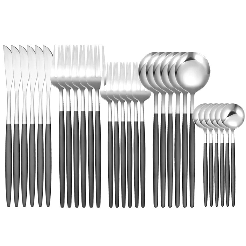 30Pcs White Gold Dinnerware Set Stainless Steel Knife Fork Spoon Cutlery Set Kitchen Tableware Set Flatware Set: 30Pcs Black Silver