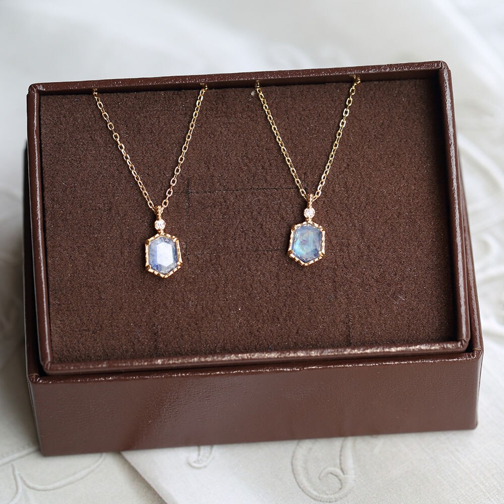 Lamoon 925 Zilveren Vintage Maansteen Hanger Ketting Voor Vrouwen Mysterieuze Meer Synthetische Sapphire 14K Vergulde Sieraden NI133