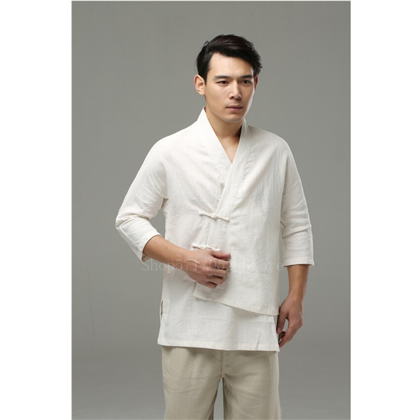 Tradizionale Cinese Camicia da Uomo retrò obliquo Fibbia di Cotone di Tela Magliette E Camicette casuale Etnico Tangsuit Irregolare dell'annata Maschio Camicia Cinese: bianca / XL