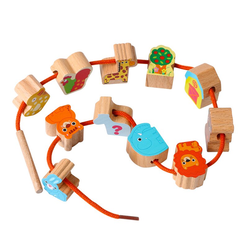 Logwood trælegetøj baby diy legetøj tegneserie frugt dyresnor trådning træperler legetøj monterssori lærerigt for børn