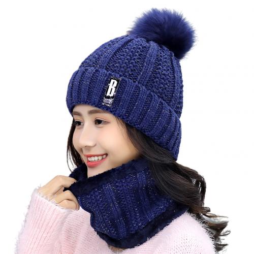 Winter Hats Women Thick Knitted Beanie Hat Plush Neck Gaiter Scarf Outdoor Riding Set Warm Cute Female Cap Soft Set: Navy Blue