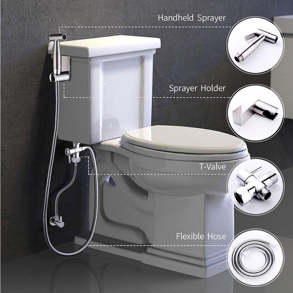 Stainless Steel Toilet Hand Bidet Faucet Bathroom Bidet Shower Sprayer Brass T adapter 1.5m Hose Tank Hooked Holder easy install