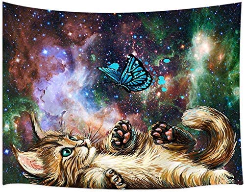 hippie søt katt strry nattteppe fantasi dyr kattunge som spiller sommerfugl tåke galakse psykedelisk teppe vegghengende