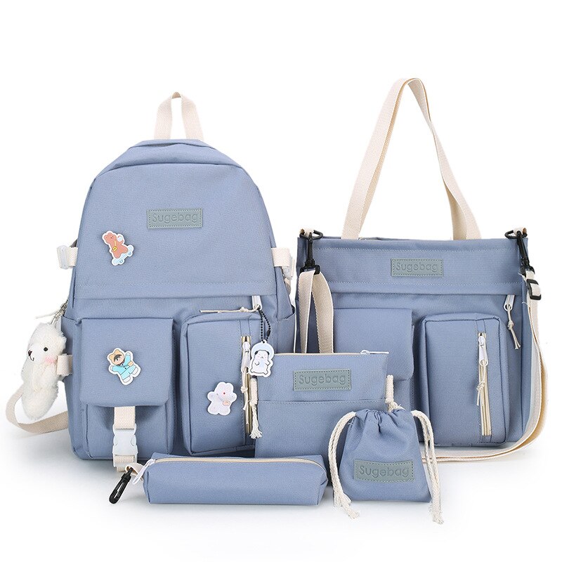 4 Stks/set Schooltassen Voor Tienermeisjes Rugzak Vrouwen Nylon Middelbare School Student Boekentas Multifunctionele Schooltas: Blauw
