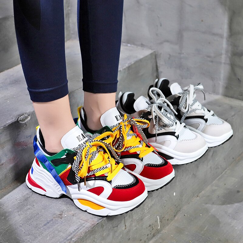 Women's Platform Sneakers - 6cm Height Increasing - Colored Ribbons - Lightweight Running Shoes