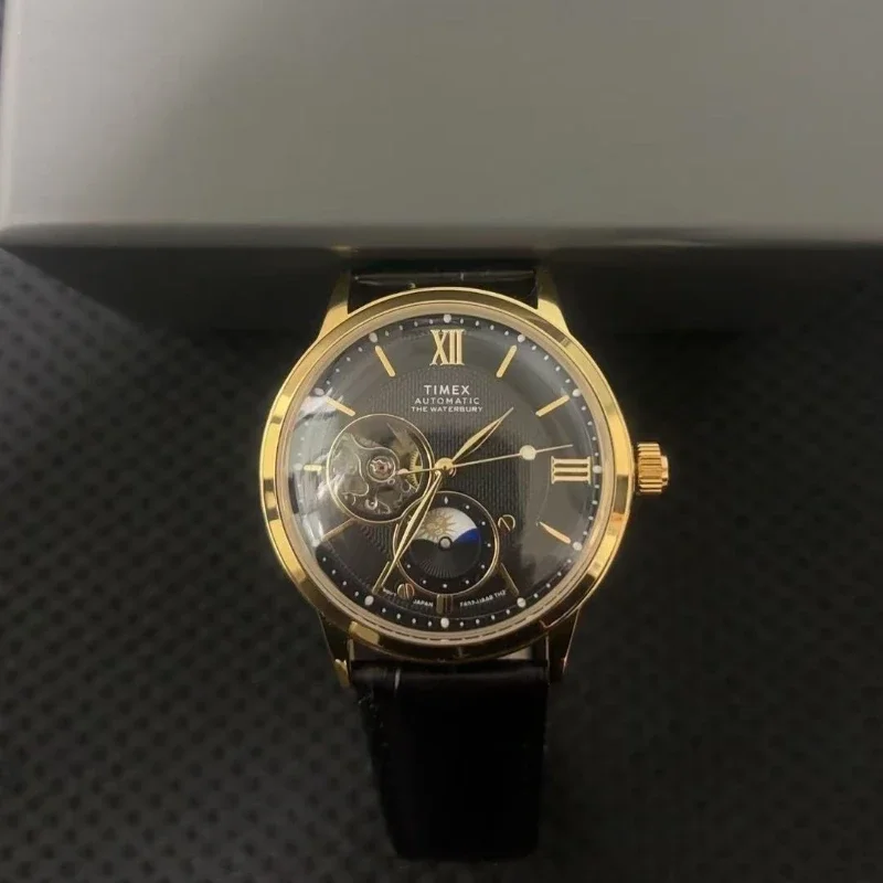 TIMEX automatisch herenhorloge luxe vrijetijdsbesteding multifunctionele horloges voor heren kalender lederen strip polshorloge: Roze