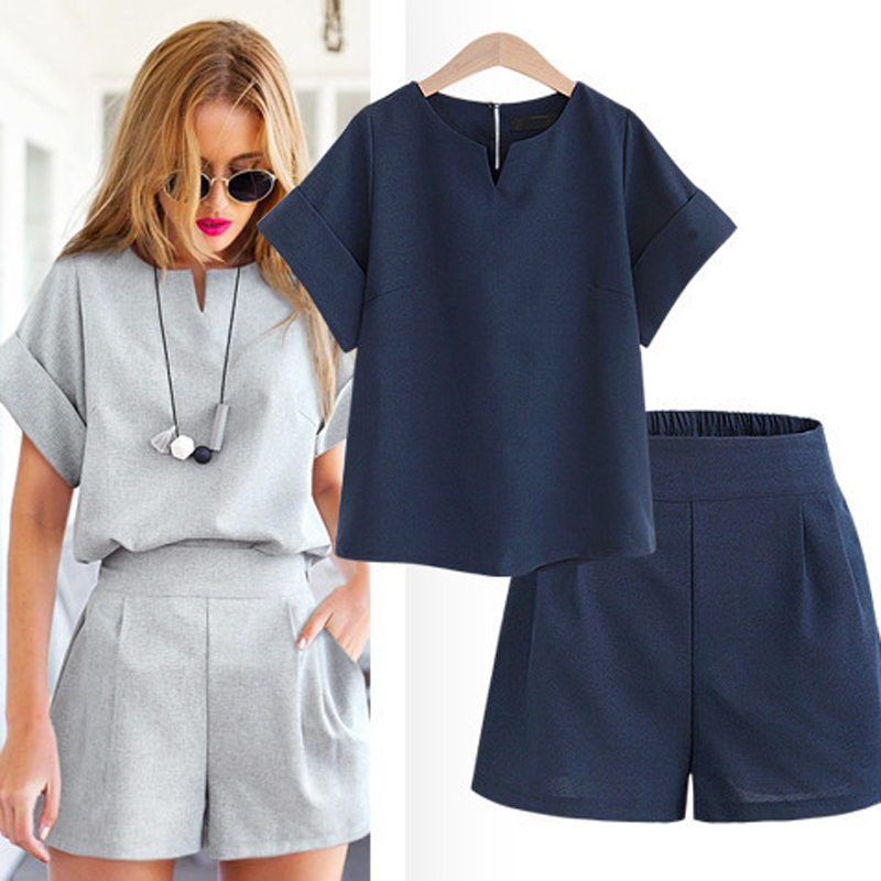 Women Summer Casual Cotton Linen V-neck short sleeve tops +shorts two piece set Female Office Suit Set Women's Costumes 5XL