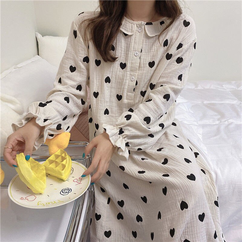 Hart Gedrukt Nachthemden Vrouwen Losse Gezellige Ruches Zoete Lange Mouw Trendy Mooie Tieners Vrouwtjes Sleepshirts Ins Lounge Chic
