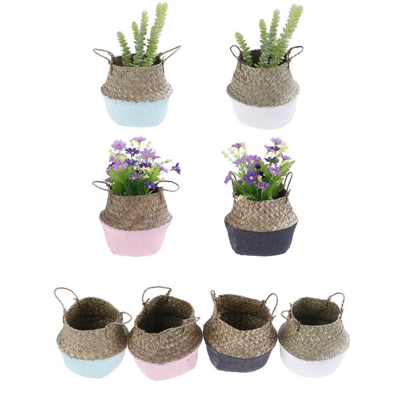 Handmade Wicker Basket Bamboo Seagrass Flower Pot Storage Basket Foldable Straw Patchwork Rattan Seagrass Belly Garden Decor