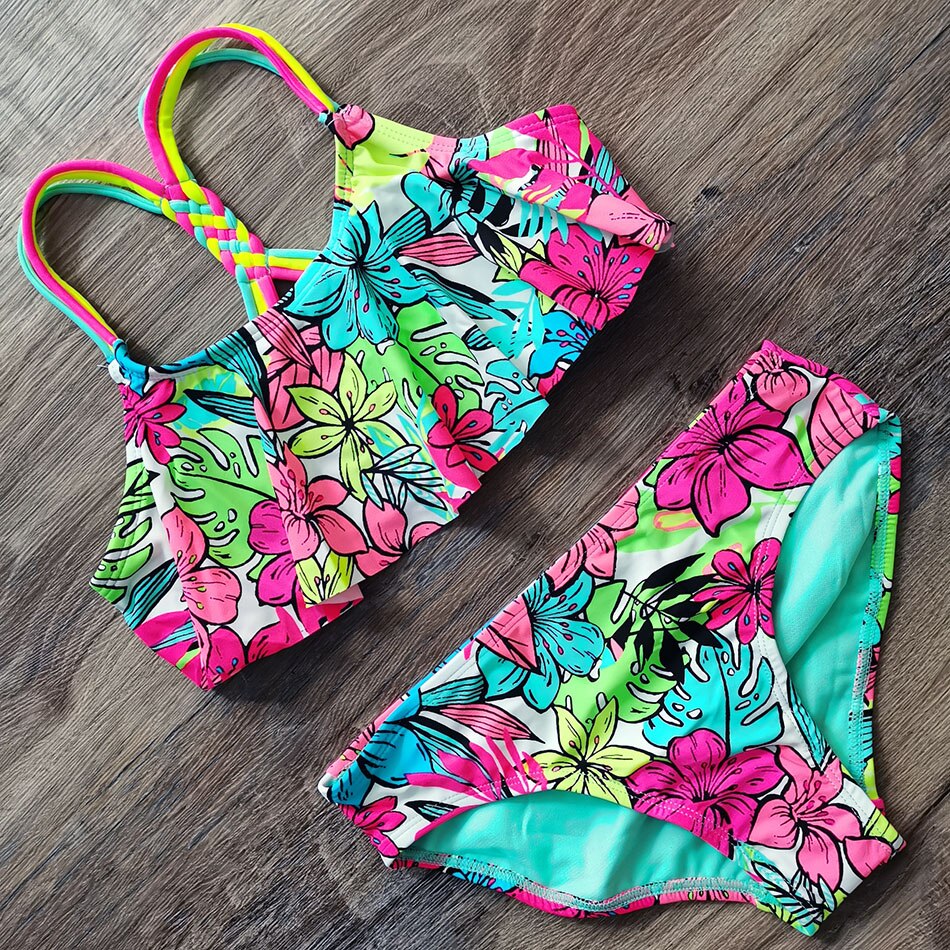 Traje de baño de niña de 5-18 años, conjunto de Bikini Tropical de plantas y flores para adolescentes, traje de baño de dos piezas para niños, traje de baño para chicas jóvenes: S