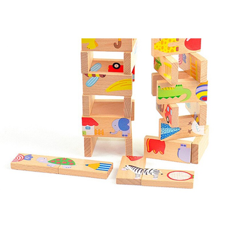 28 stk/sæt domino pædagogisk legetøj træ sødt tegneseriemønster domino blok børn tidligt lærende legetøj