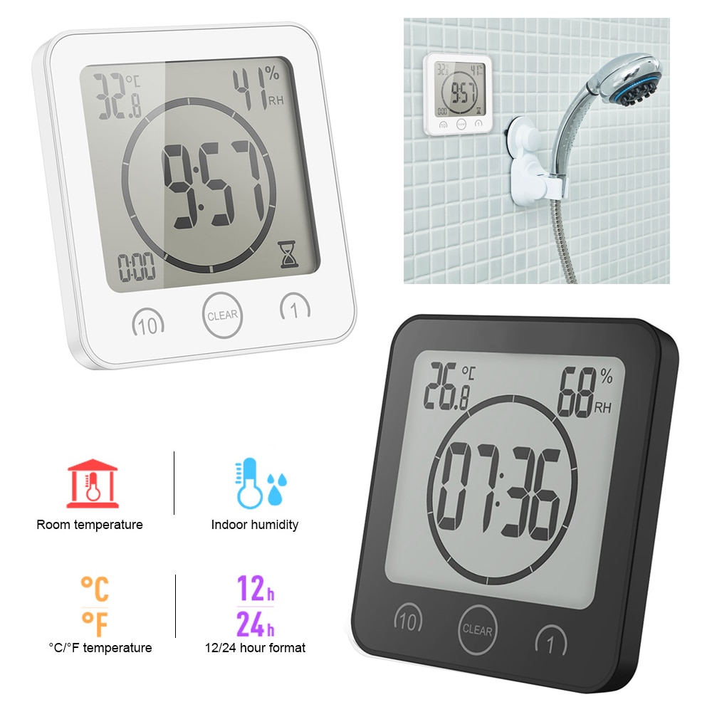Reloj de pared Digital LCD para baño, cronógrafo de pared con pantalla LCD, resistente al agua, con temporizador, temperatura, humedad, para cocina y cuarto de baño