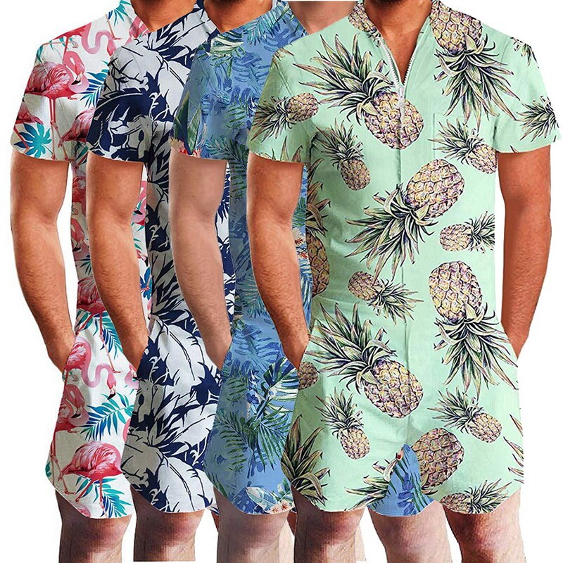 Mannen Jumpsuit Korte Mouw Sets Zomer Casual Button Jumpsuits Overalls Flamingo Pinapple Print Casual Kleding Mono Hombre