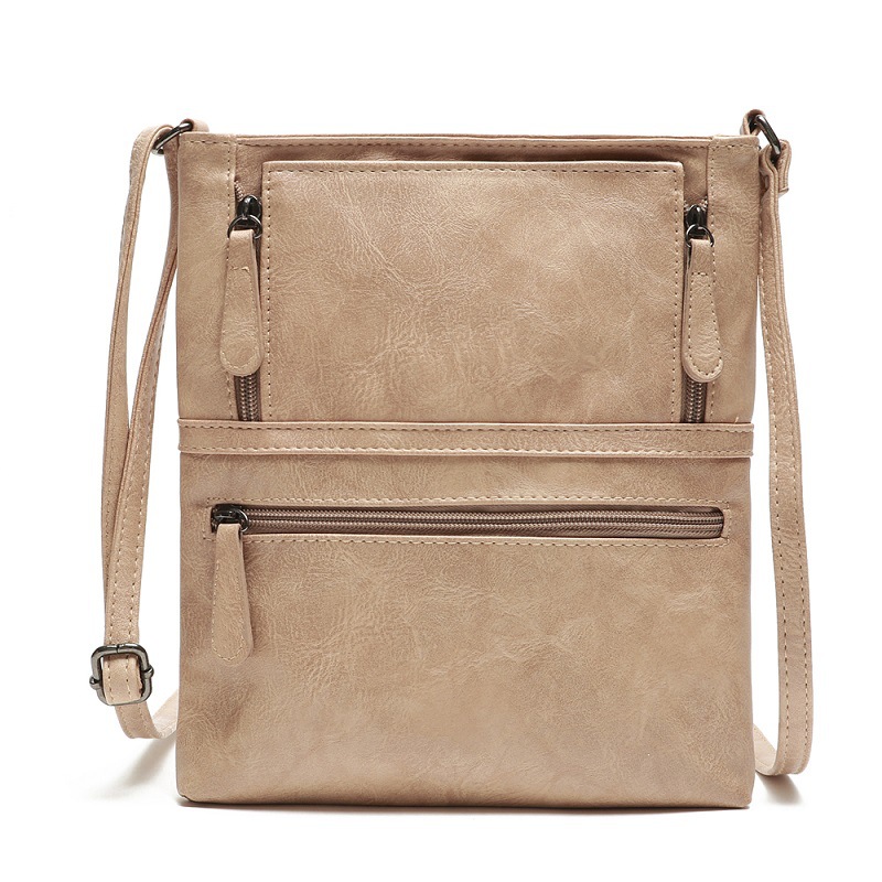 Väskor för kvinnor vintage messenger bag dubbel dragkedja pu läder handväska cross body väska casual axelväskor kvinnlig bolsa: Beige