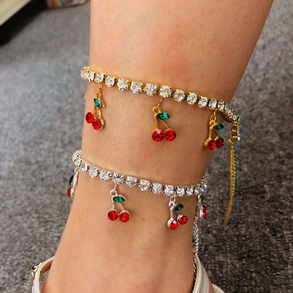 BYNOUCK di Modo Brillante Da tennis Catena del Calzino Del Braccialetto per Le Donne di Cristallo Rosso Ciliegia Del Pendente Della Decorazione di Strass Catena Cavigliere