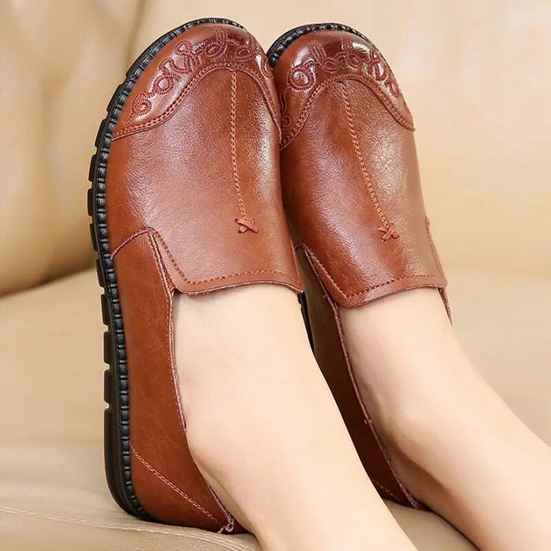 Mocasines vintage de cuero marrón para mujer, zapatos planos antideslizantes de , planos para caminar, para primavera,