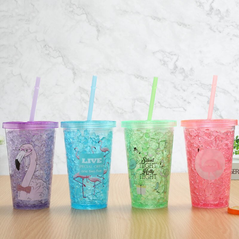 summer ice cool ice Cup cooling broken ice Cup student double-layer straw with lid portable straight water Cup: flamingo series