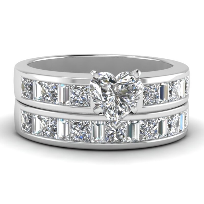 Ringen voor stellen - herenring met s 8mm enkele rijen strass en damesring met hartvormige witte kristallen bruids- en verlovingsring