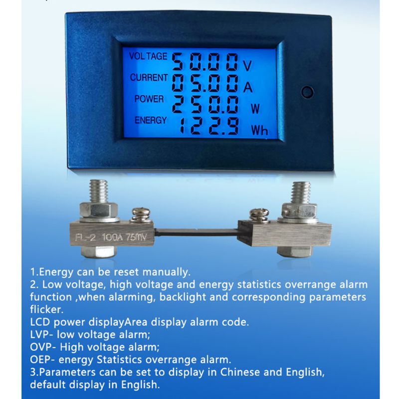 DC 7.5-100V 100A 10kW Power Energy Meter Wattmeter Electrical Panel Gauge Monitor Digital Display Volt kwh Watt Amp