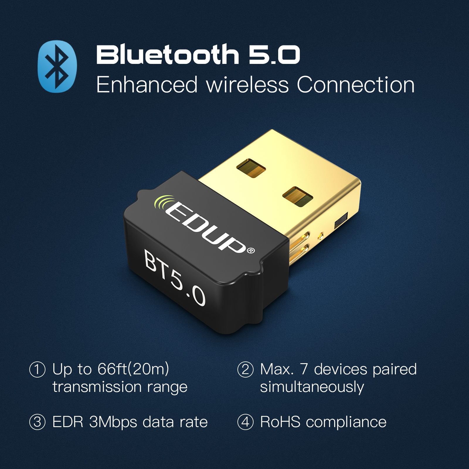 EDUP B3519S Bluetooth 5.0 Adapter Mini Portable Wide Coverage Supports Multiple Devices 20m Range Low Energy High Speed Transfer