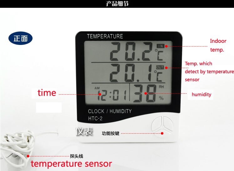 Digitale LCD Thermometer Hygrometer Elektronische Temperatuur-vochtigheidsmeter Weerstation Indoor Outdoor Tester Wekker HTC-2
