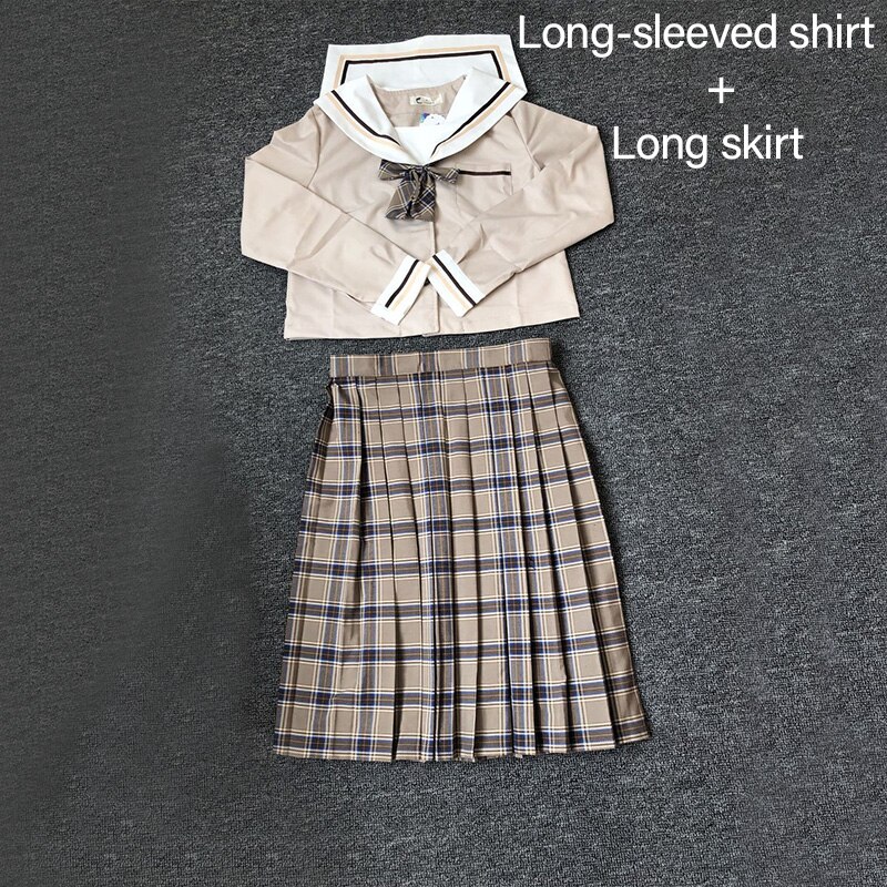 School Dresses Japanese College Middle School Uniform For Girls Jk Uniforms Lady Sailor Suit Tea Brown Color Plaid Pleated Skirt: Long - long suit / S