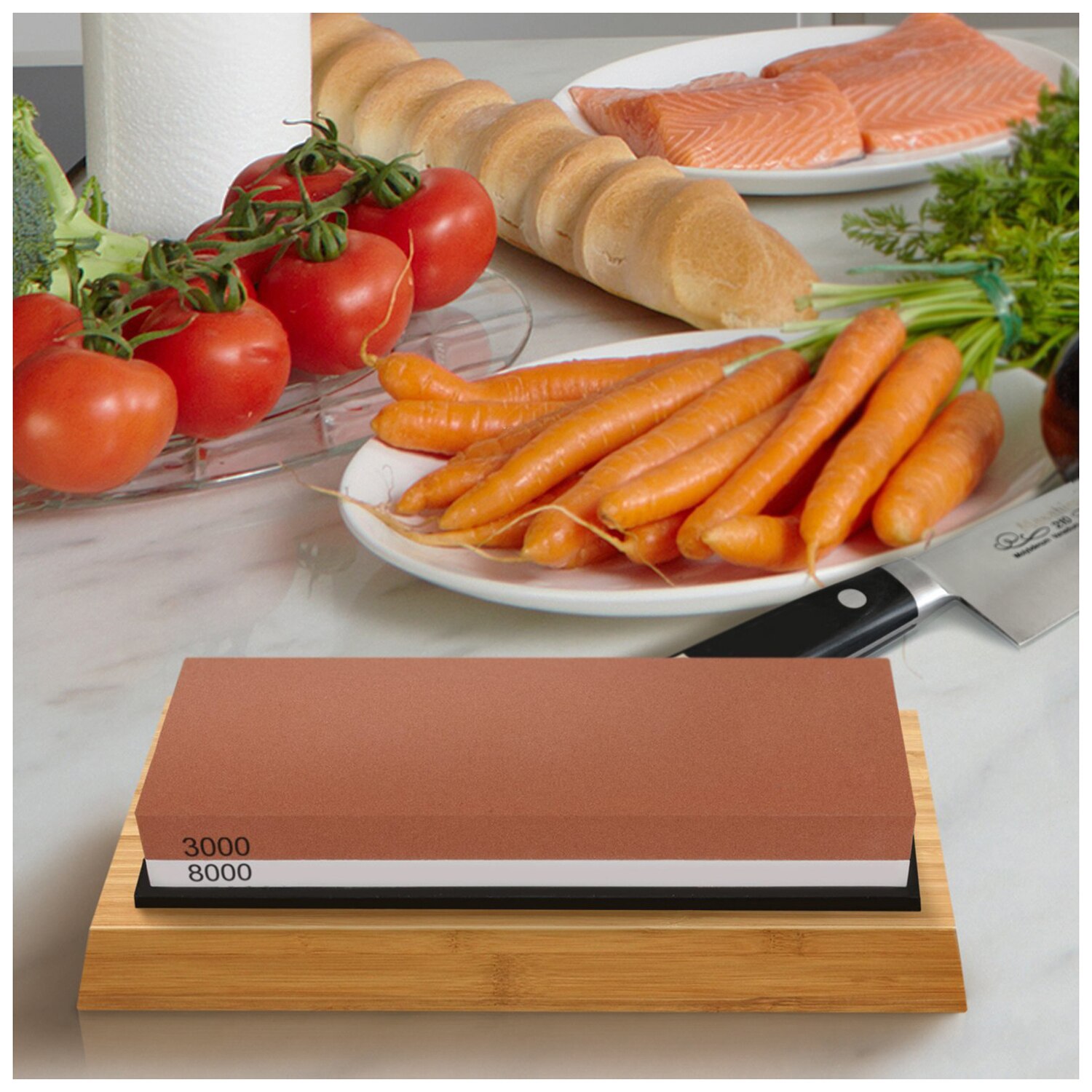 Slipsten 3000 & 8000 grus - dubbelsidig slipsten för knivar med halkfri bambubas och fri vinkelstyrning