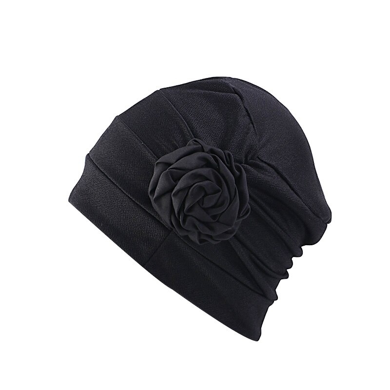 Blomst form turban hår kasketter hue kvinder kemo cap sove nat motorhjelm pige hår styling tilbehør: Sort