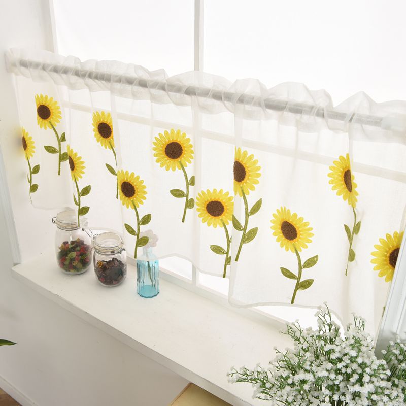 Short Sheer Curtain Flat Window Pastoral Style Bellis Perennis Embroidered Washable Gauze Curtains Panels Kitchen Balcony Home D