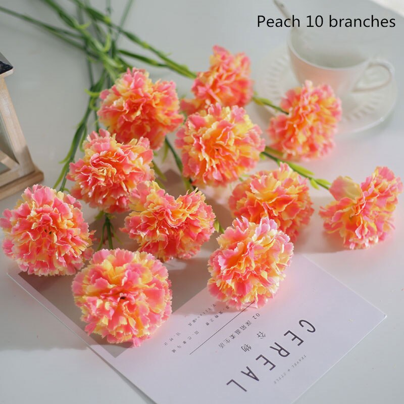 10 Stks/set Zijde Anjer Kunstbloemen Bundel Rood Geel Roze Nep Anjers Boeket Wedding Party Centerpiece Decoratie: peach