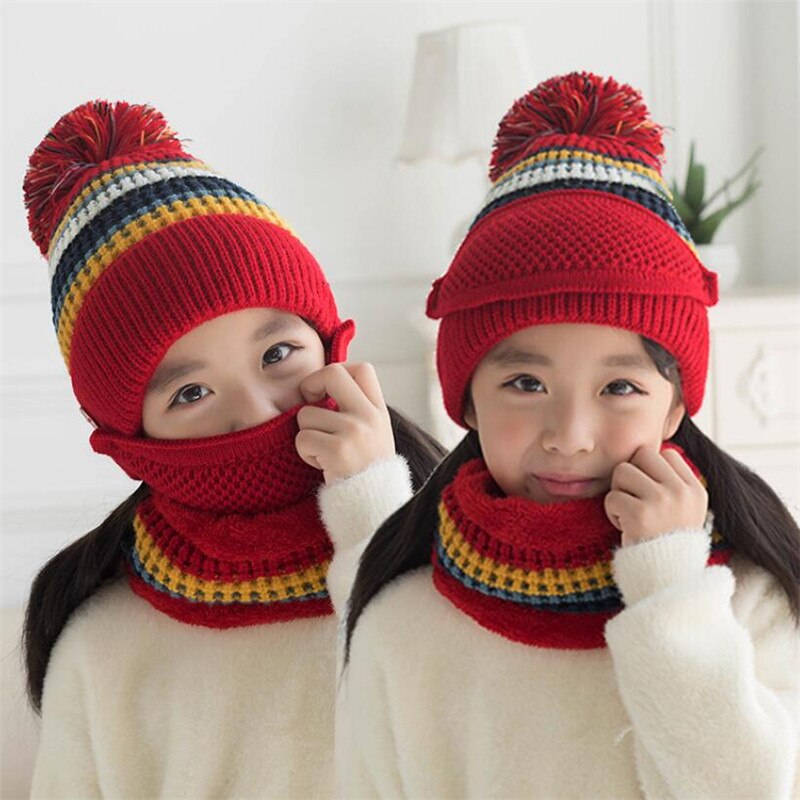 Girls Winter Knit Hat And Scarf Set Child Plush Warm Pom Pom Cap Scarves With Mask Big Kids Stripe Circular Scarf Hat 4-12T