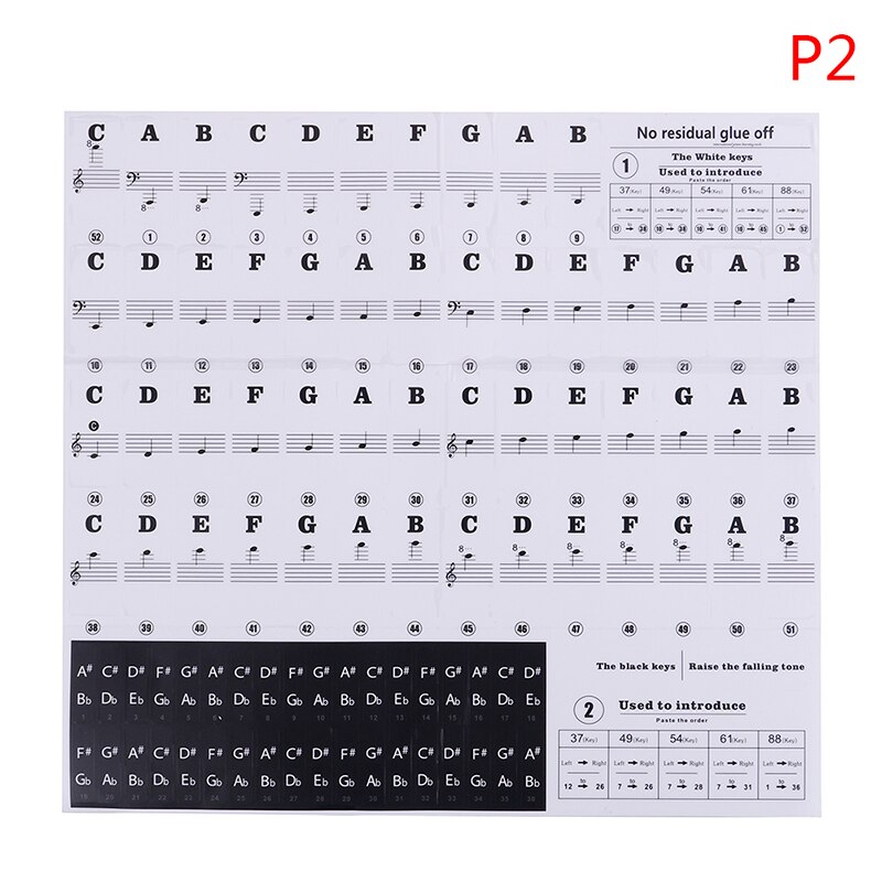 54 61 88 Zwart Gekleurde Transparante Piano Toetsenbord Stickers Elektronische Piano Stickers Stave Notatie Note Key Stickers: P2