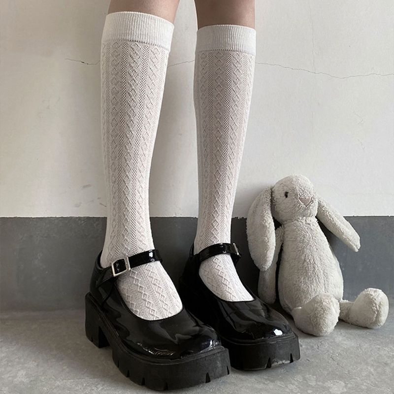 Calze per studenti delle scuole superiori stile giapponese Calzini lunghi Solido Nero Bianco Calzini estivi da donna sottili Costumi JK Calzini alti al ginocchio per ragazze