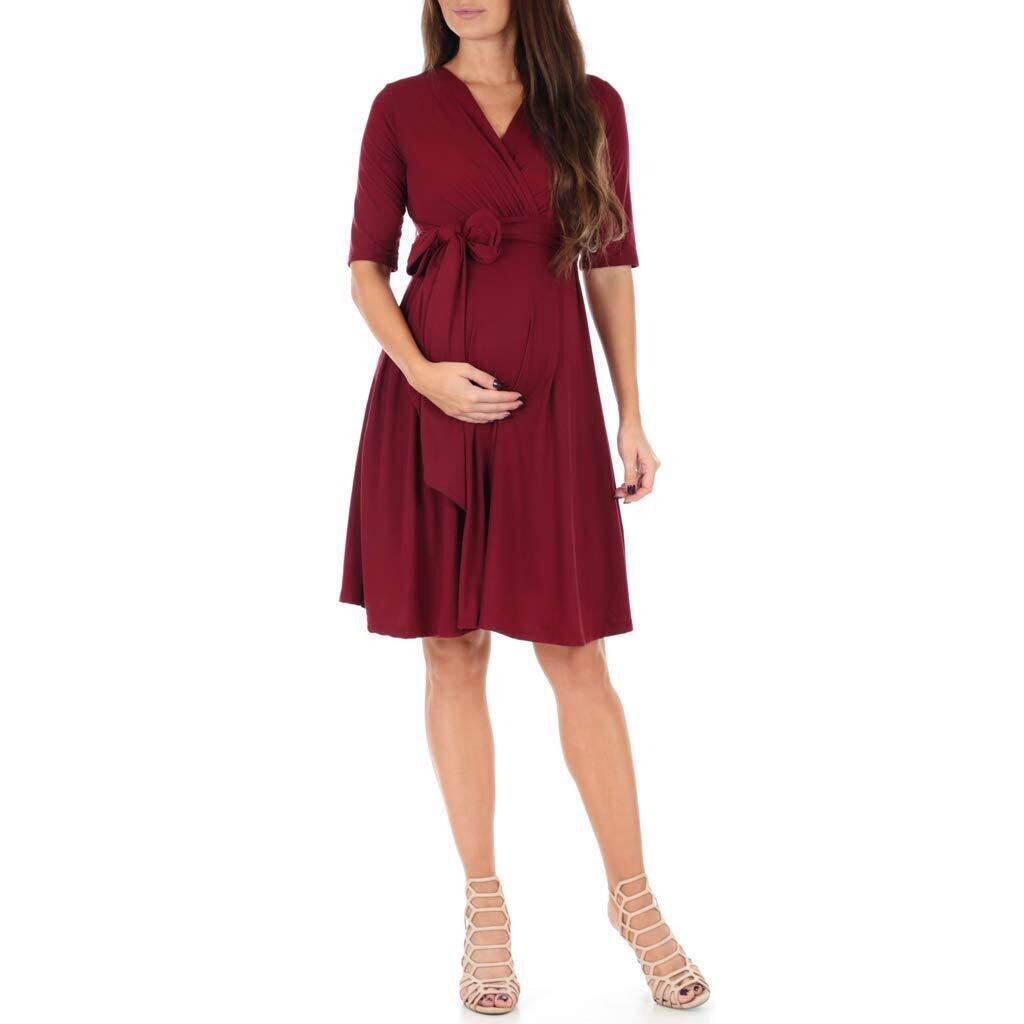 Popular Solid color Maternity Women Dress Pregnancy Dresses Mama Clothes V-neck Pregnant Soft And Comfortable Womens Clothing: Red / X