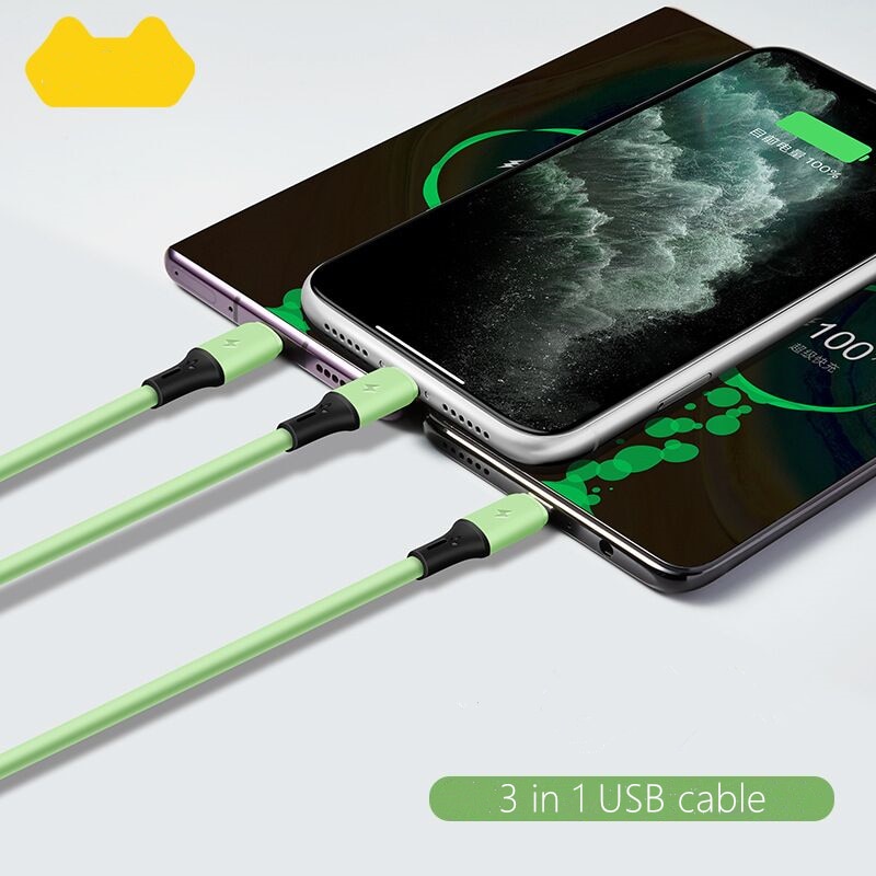 Grøn ,5v,2.1a,1.2m kan vaskes ,3 in 1 usb type c ios kabel hurtig opladning mobiltelefon usb-c oplader type-c data til telefoner