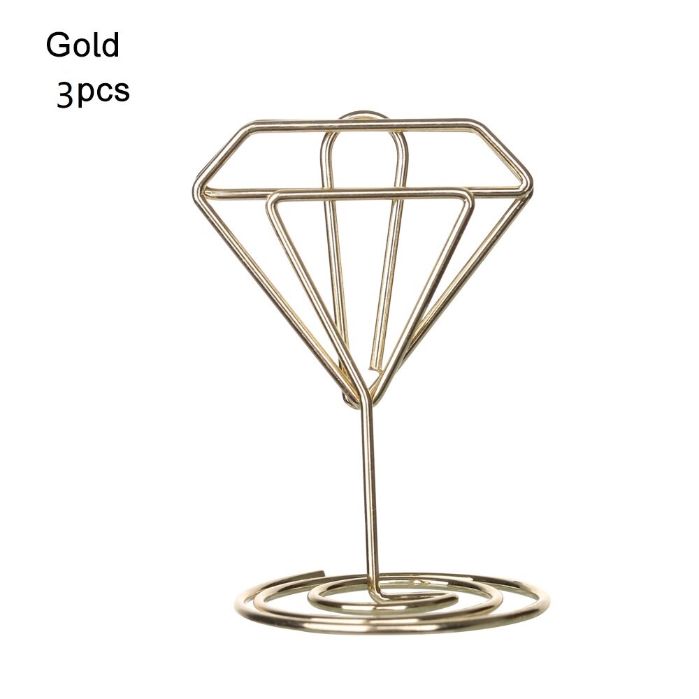 1/3/5Pcs Metal Heart Diamond Shape Clamp Place Card Holder Photo Clip Table Number Stand for Wedding Party Desktop Decor: Type2-3pc--gold