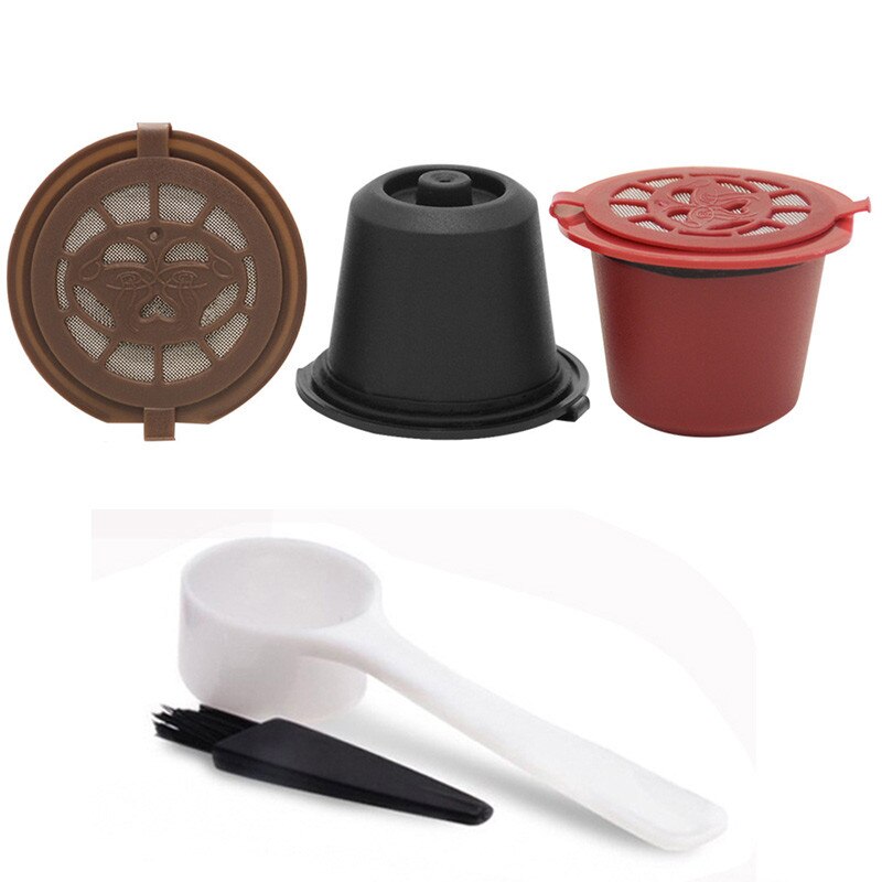 1Pc 3Pcs Koffie Capsule Hervulbare Herbruikbare Herbruikbare Hervulbare Nespresso Machine Capsule Plastic Filter Cups Lepel Borstel: d