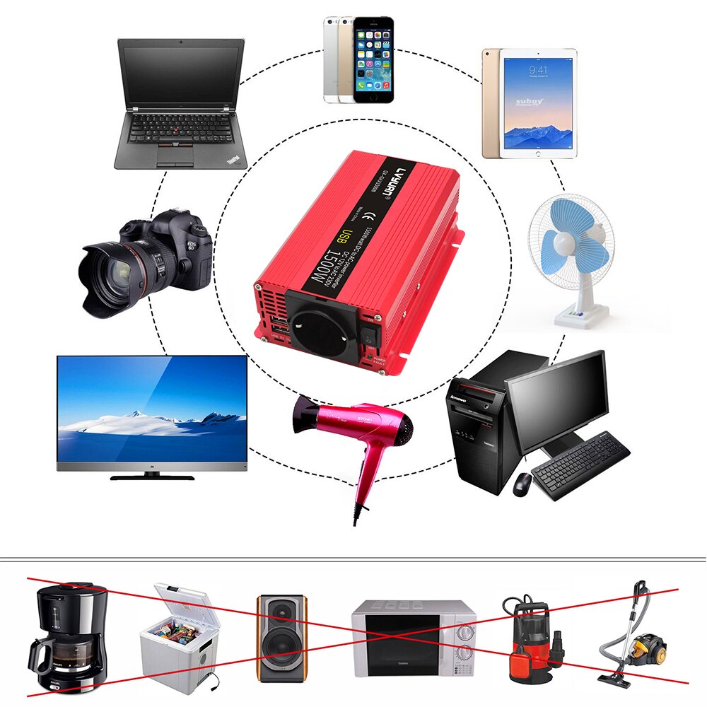 Dc12v till  ac 230v 1500w peak eu-uttag usb bilomvandlare boost fordonsförsörjning modifierad sinusvågseffektomriktare