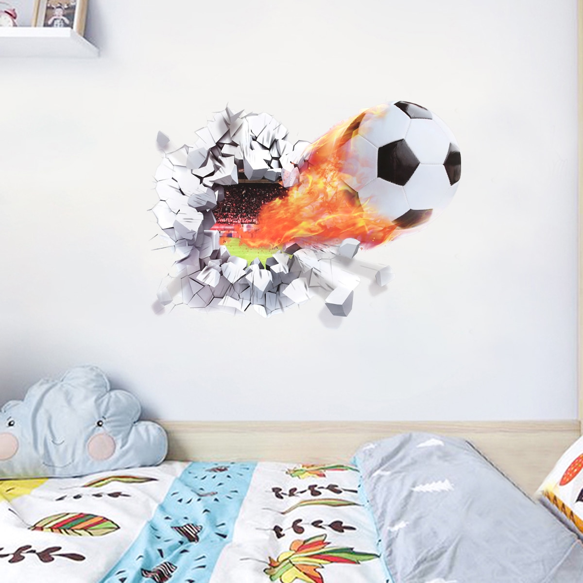 Firing Football Through PVC Wall Stickers For Kids Room Decoration Home Decals Soccer Funs 3D Mural Art Sport Game Poster