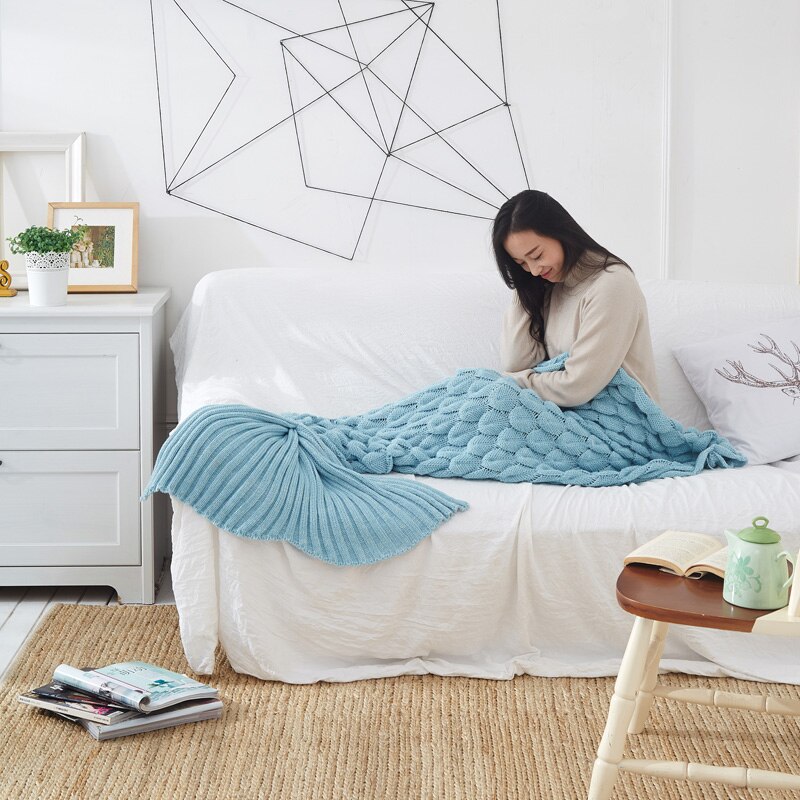 Knitted Mermaid Tail Blanket Fish Scales Crochet Handmade Sleeping Bag for Kids Adult Birthday Christmas