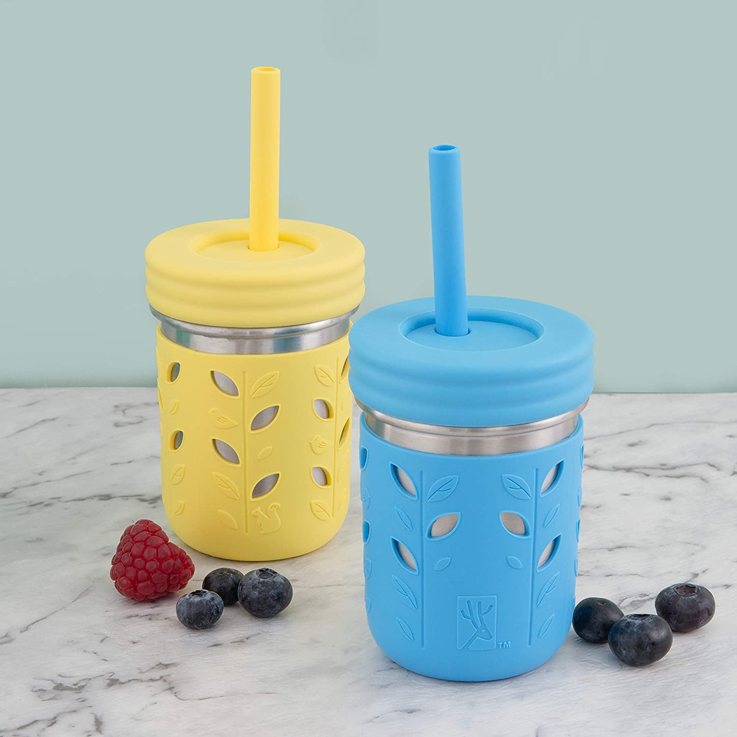 Stainless Steel Cups Mason Jar 10oz Kids Drinking Cups with Silicone Sleeves & Straws Leakproof Stopper Sippy Smoothie Mugs