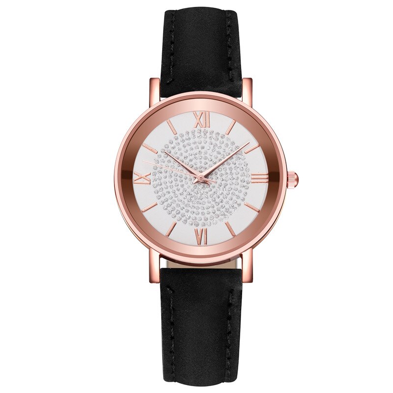 Style Starry Sky Dial Watches for Women Roman Scale Rhinestone Leather Ladies Quartz Watch Female Wrist Watch: Black White