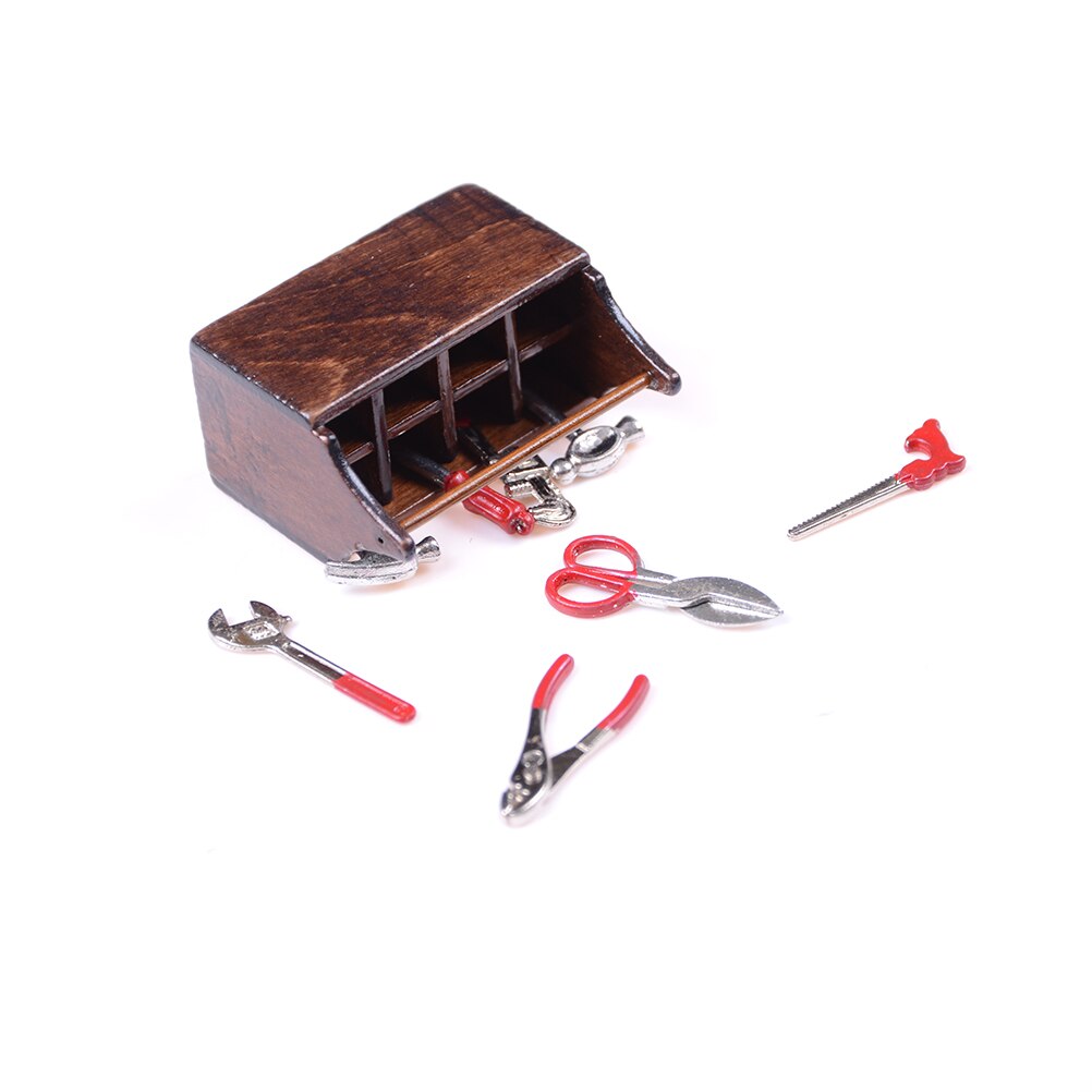 Holz 1/12 Puppenhaus Miniatur Holz Werkzeugkasten mit Metall Werkzeuge einstellen
