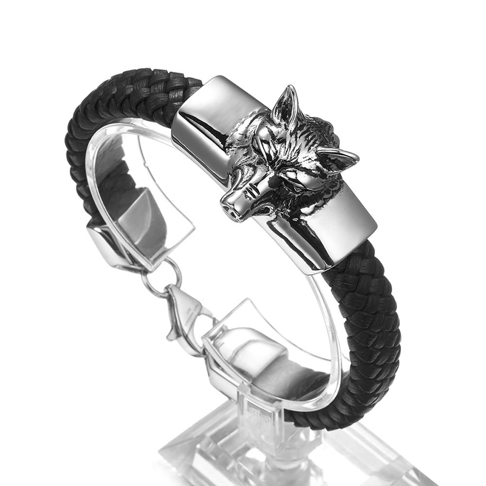 Vintage bijoux hommes garçons argent/or acier inoxydable breloque Animal loup tête Bracelet en cuir noir Bracelet Bracelet 15mm * 21cm: Default Title