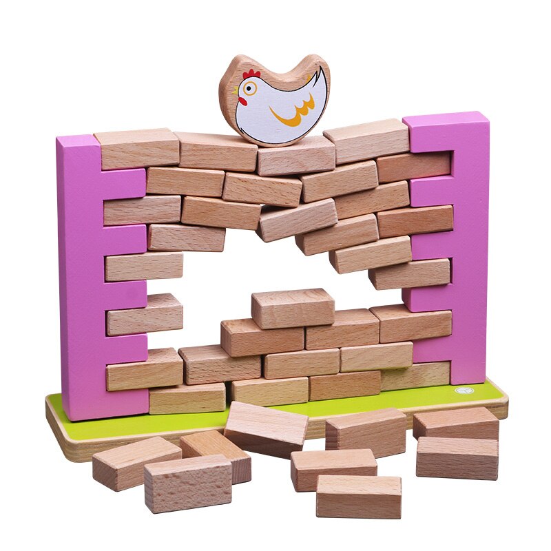 Intellectuele uitdaging voor kinderen: houten speelgoed, blokken, cartoon, kip, muur breken, jenga, educatief speelgoed voor kinderen.