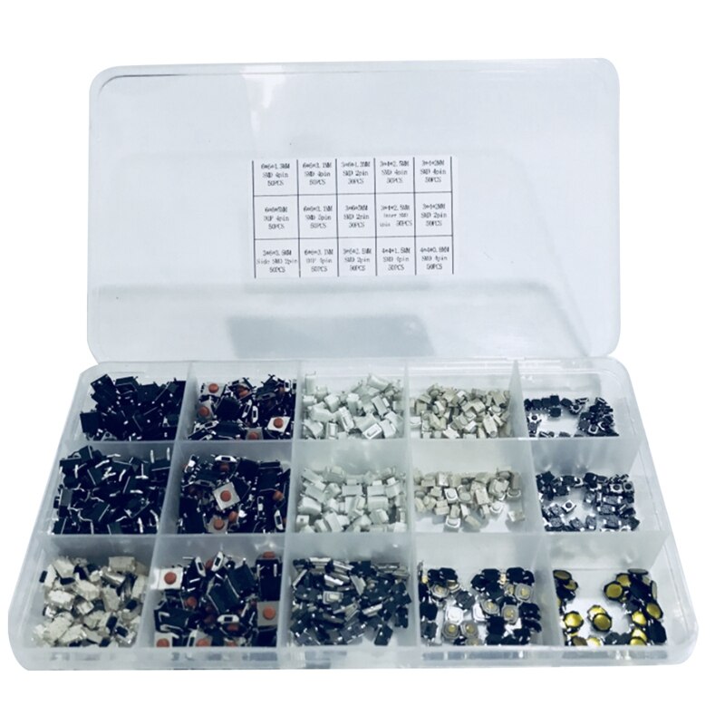 750 Pcs 15 Waarde Tactile Drukknop Mini Schakelaar Voor MP3 Lcd Monitor Auto Afstandsbediening Momentary Assortiment Kit: Default Title